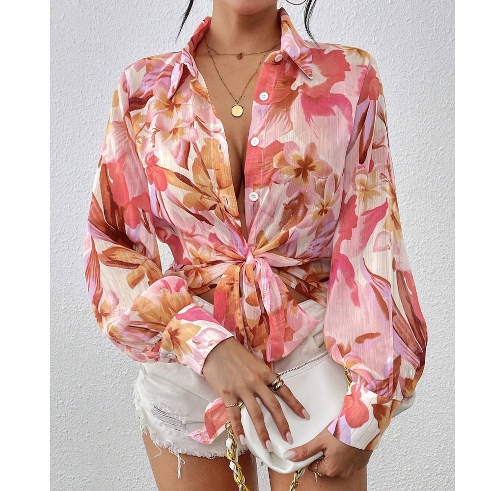 Floral Print Sheer Tie Front Long Sleeve Button Down Crop Shirt Lurex Glitter